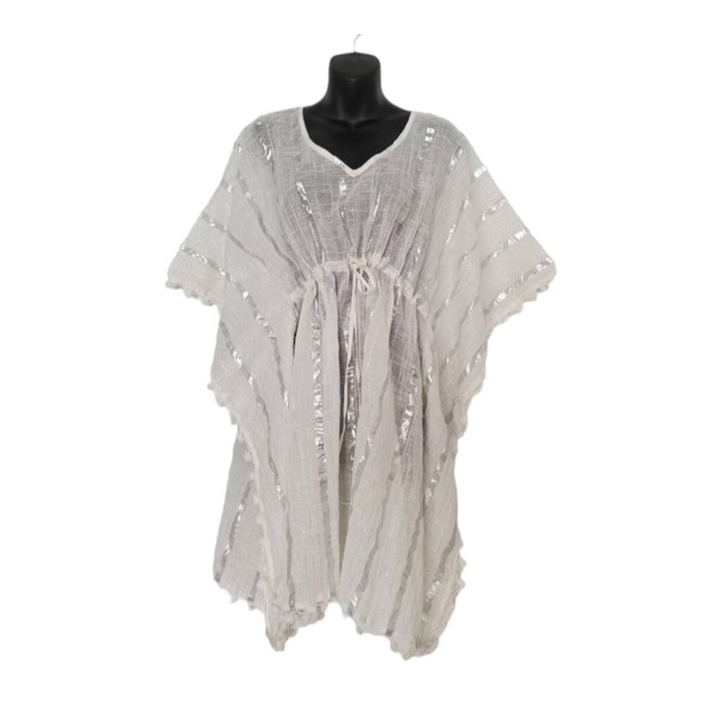 NWT Cruise Club White & Silver V-Neck Drawstring Waist Swim Cover-up - Size OS